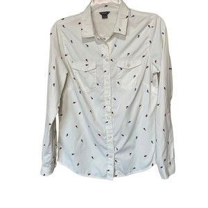 Eddie Bauer Feather Pattern Button Up Long Sleeve White Woman's Top S